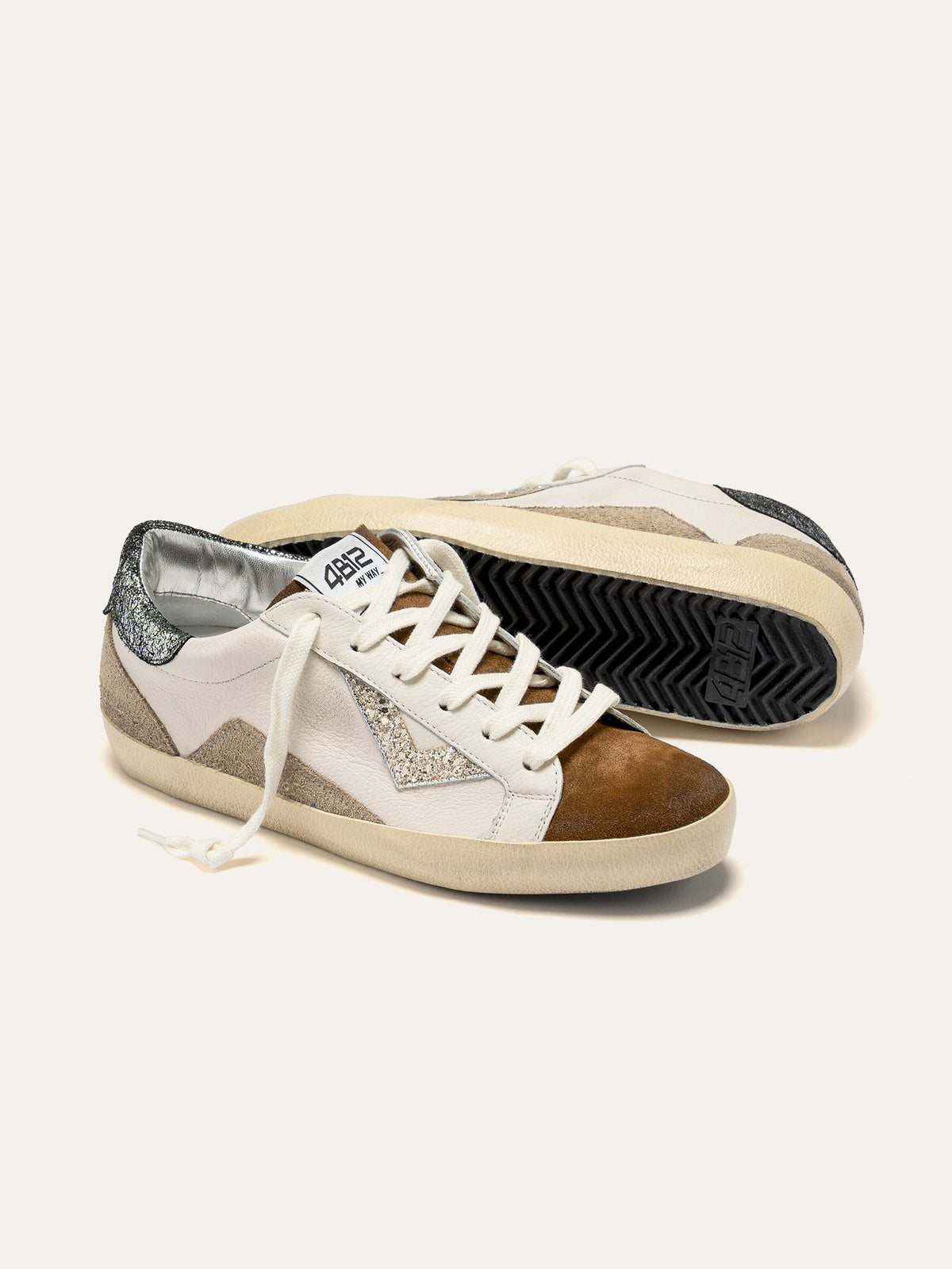 SUPRIME Sneakers in White, Brown and Beige Leather
