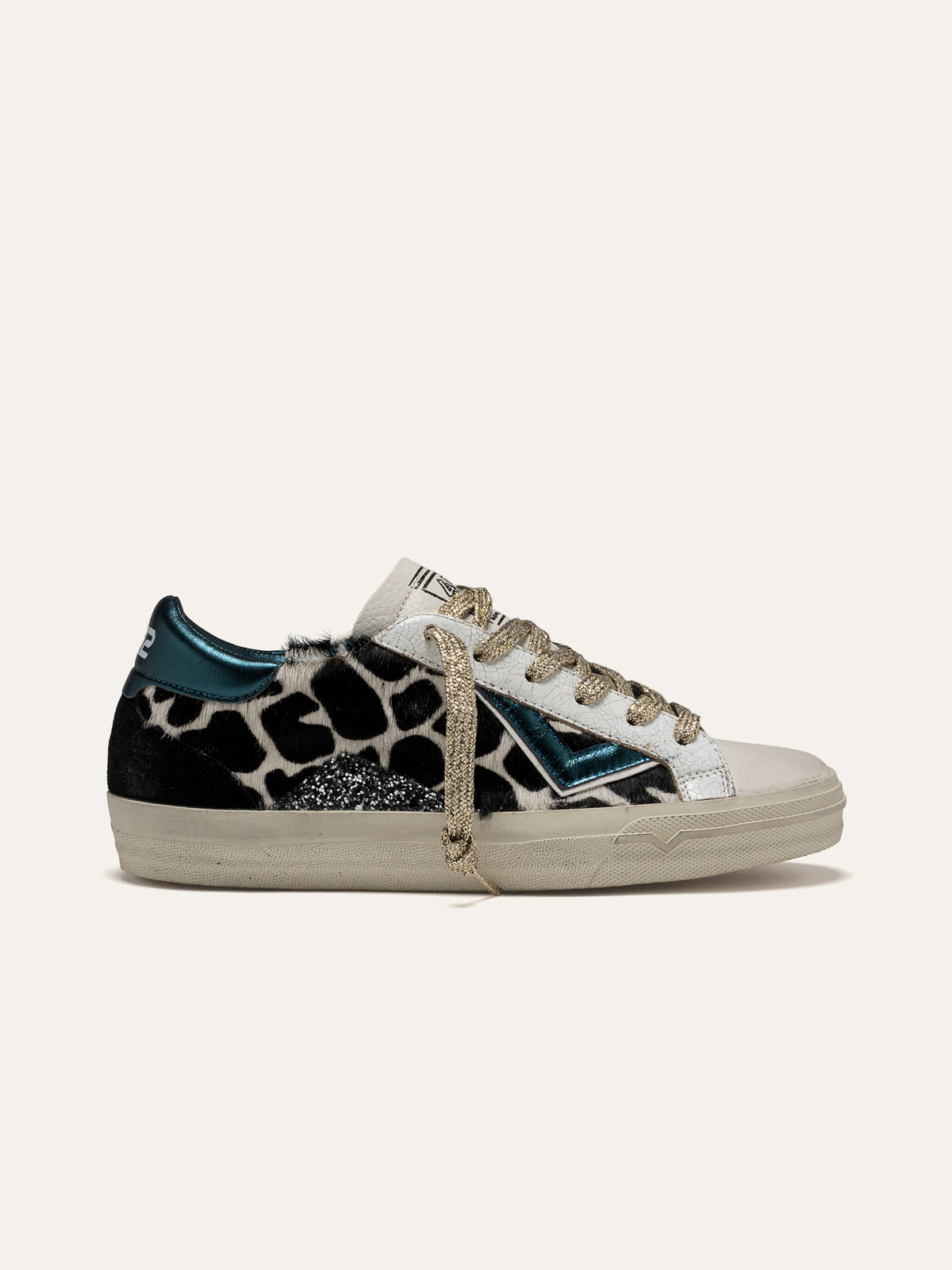 Baskets SUPRIME en Cuir Blanc, Imprimé Animal et Bleu Pétrole