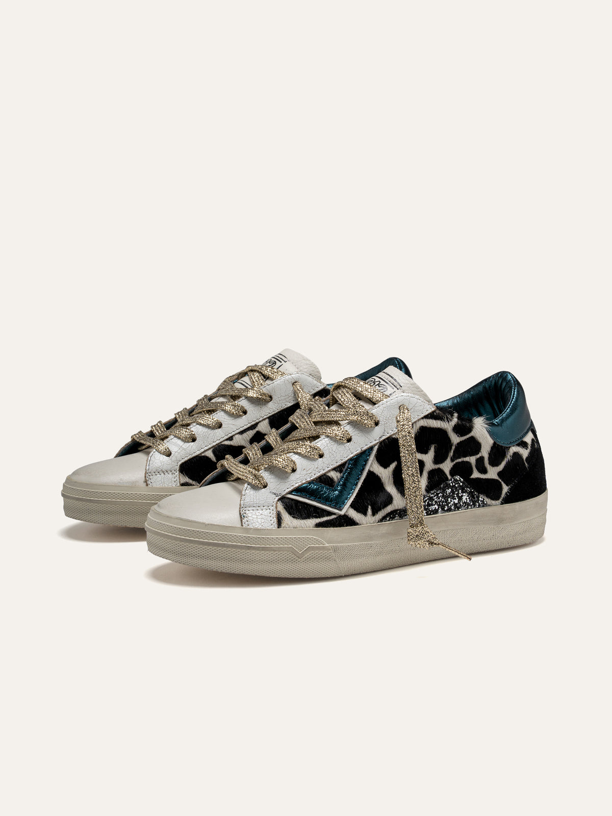 Baskets SUPRIME en Cuir Blanc, Imprimé Animal et Bleu Pétrole