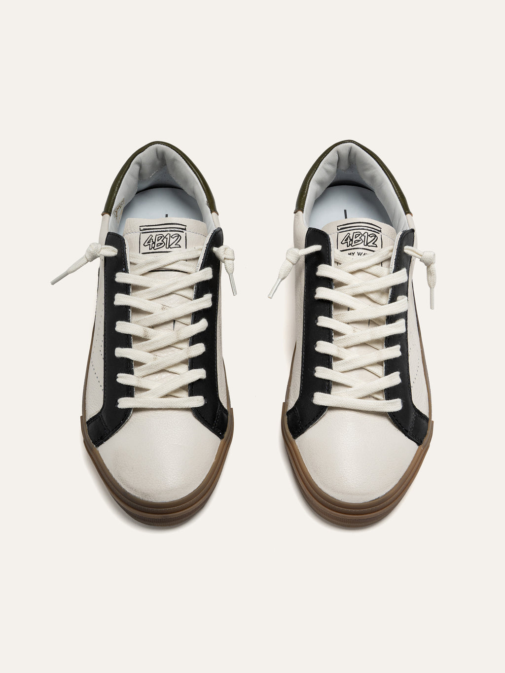 SUPRIME Sneakers in White Leather with Black and Olive Green Details