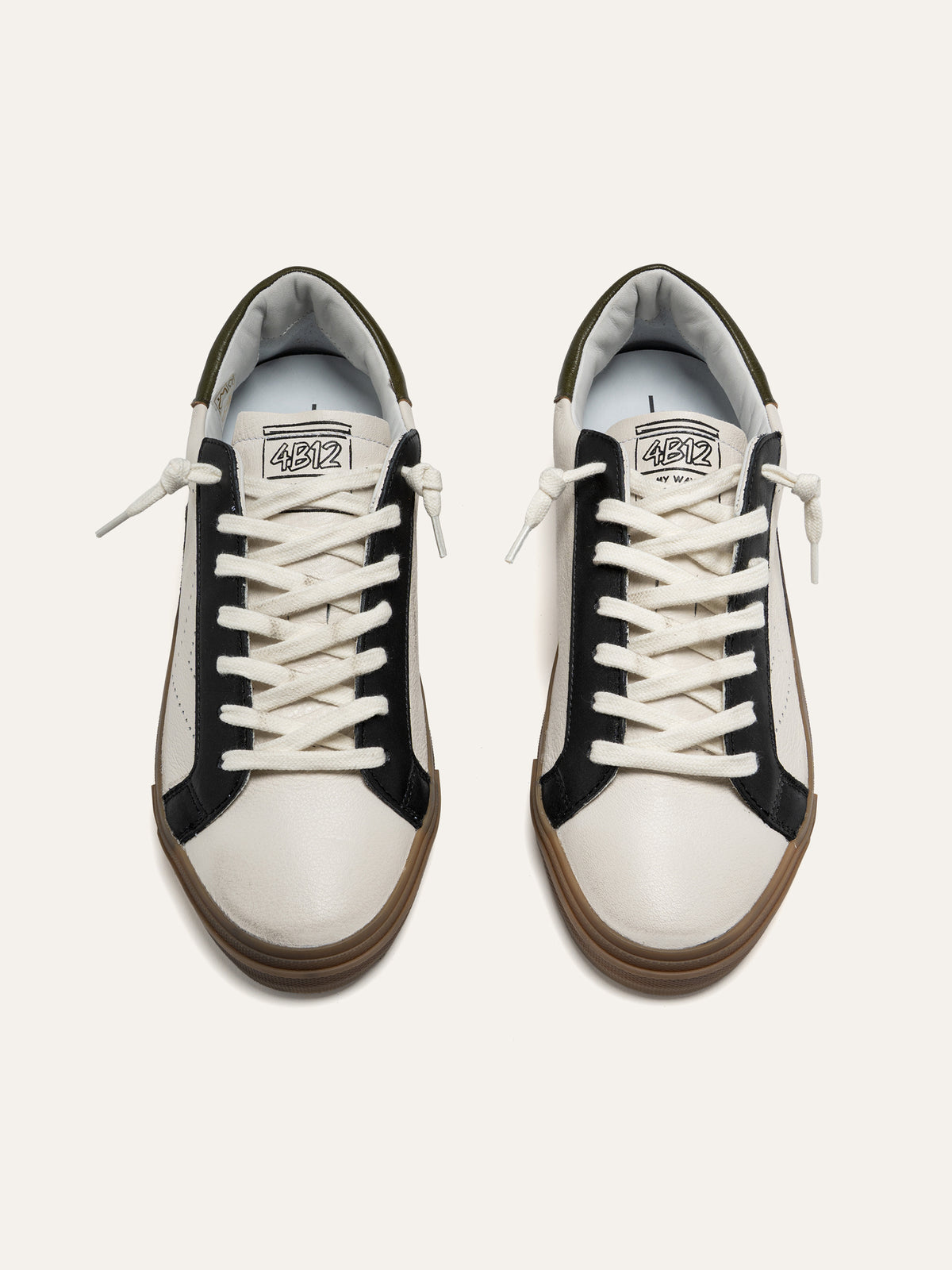 SUPRIME Sneakers in White Leather with Black and Olive Green Details